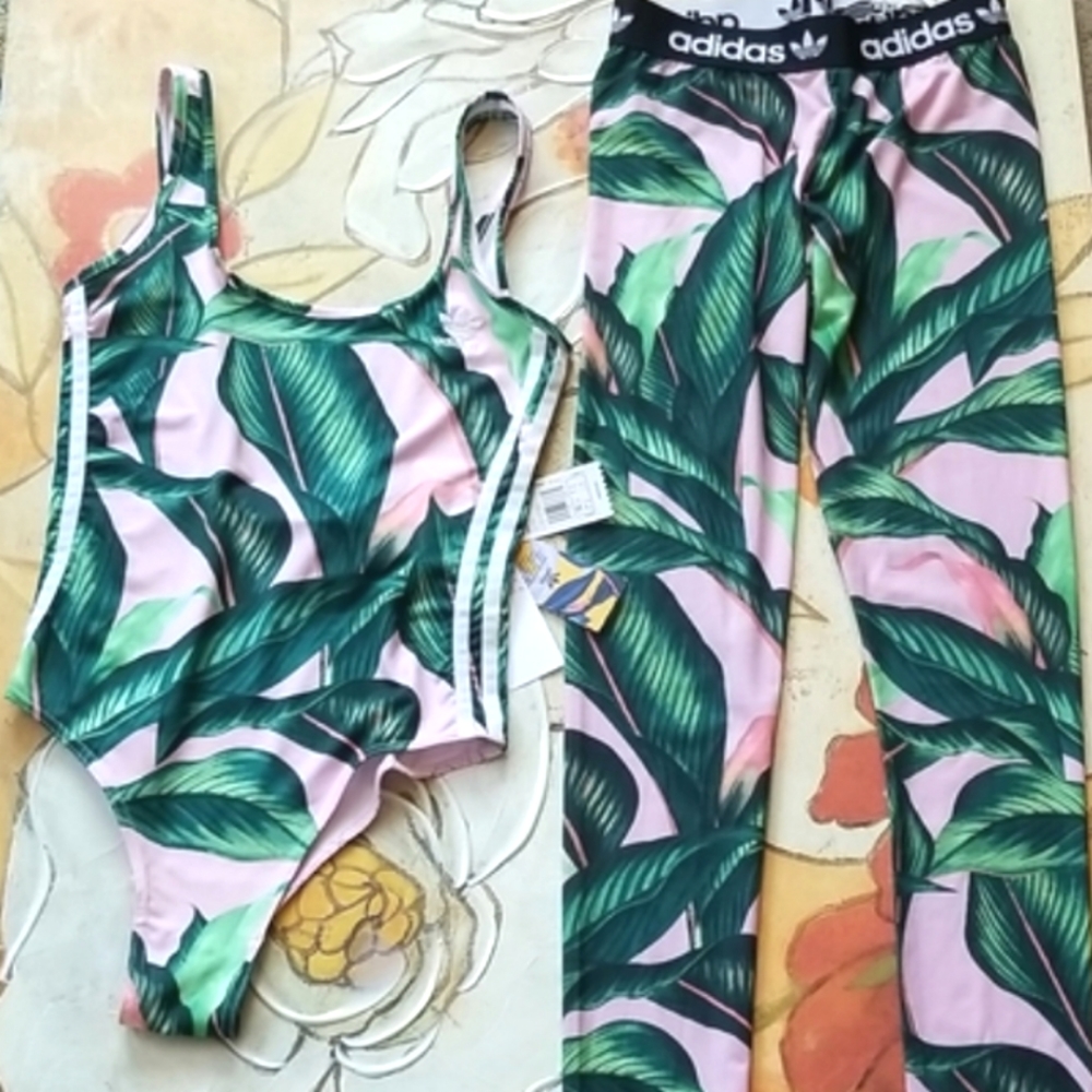 ADIDAS x Farm Rio 2018 Pink Green PALM BODYSUIT Small Logo Leggings SET NWT